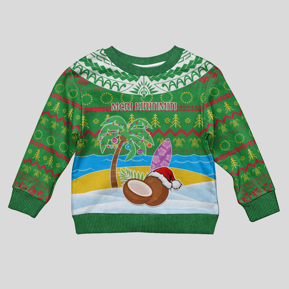 Personalised Cook Islands Christmas Kid Ugly Christmas Sweater Coconut Santa Beach Style LT05 Kid Green - Polynesian Pride