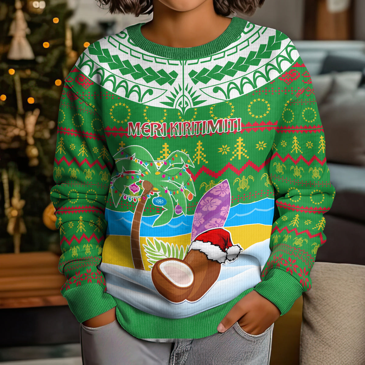 Personalised Cook Islands Christmas Kid Ugly Christmas Sweater Coconut Santa Beach Style LT05 - Polynesian Pride