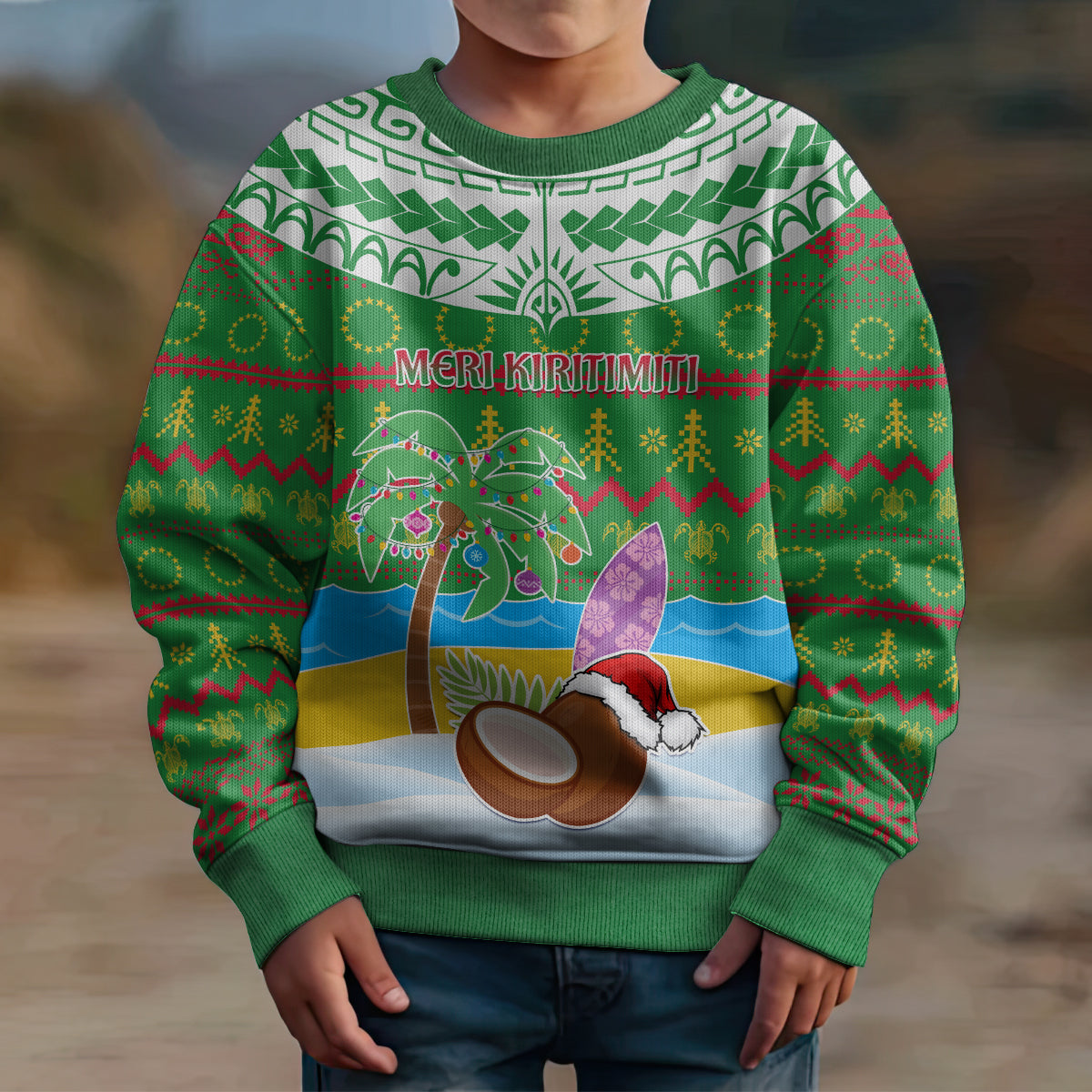 Personalised Cook Islands Christmas Kid Ugly Christmas Sweater Coconut Santa Beach Style LT05 - Polynesian Pride