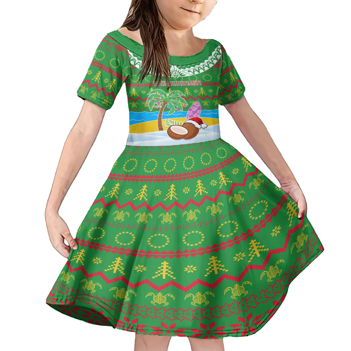 Personalised Cook Islands Christmas Kid Short Sleeve Dress Coconut Santa Beach Style LT05 KID Green - Polynesian Pride