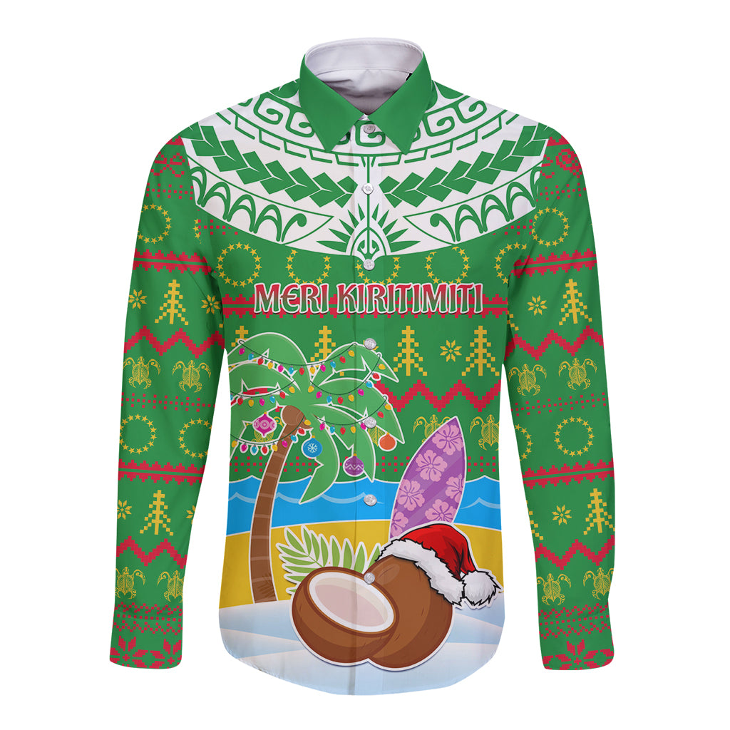 Personalised Cook Islands Christmas Long Sleeve Button Shirt Coconut Santa Beach Style LT05 Unisex Green - Polynesian Pride