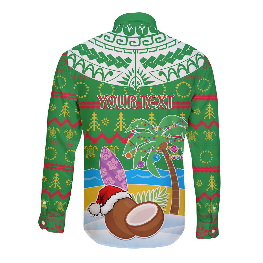Personalised Cook Islands Christmas Long Sleeve Button Shirt Coconut Santa Beach Style LT05 - Polynesian Pride