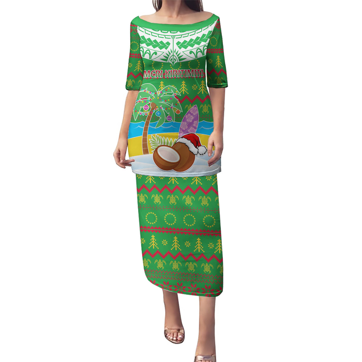 Personalised Cook Islands Christmas Puletasi Coconut Santa Beach Style LT05 Long Dress Green - Polynesian Pride