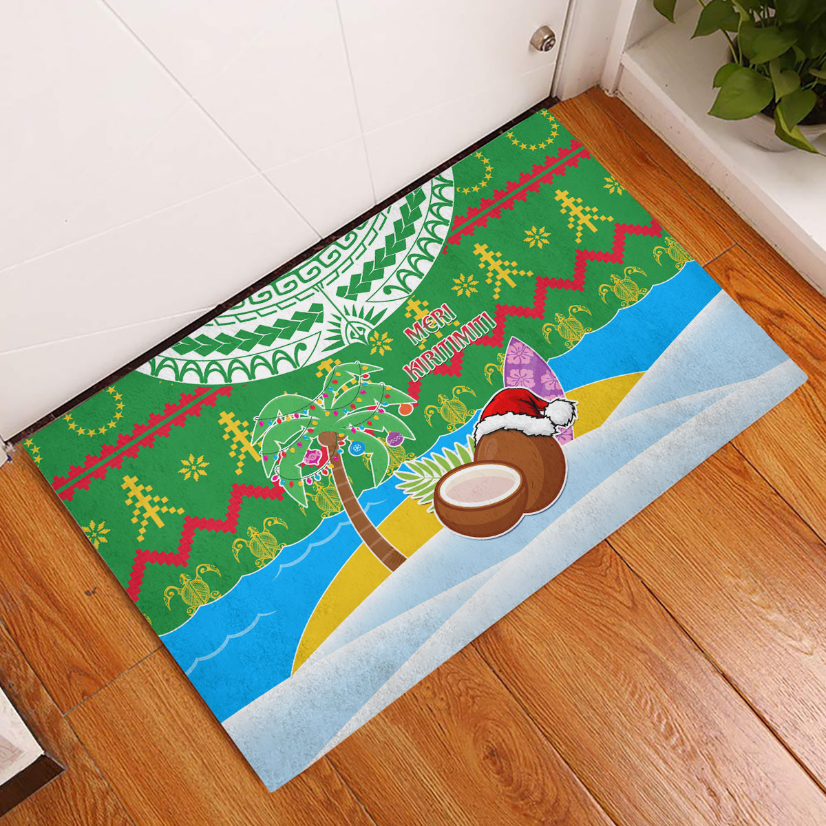 Cook Islands Christmas Rubber Doormat Coconut Santa Beach Style LT05 Green - Polynesian Pride