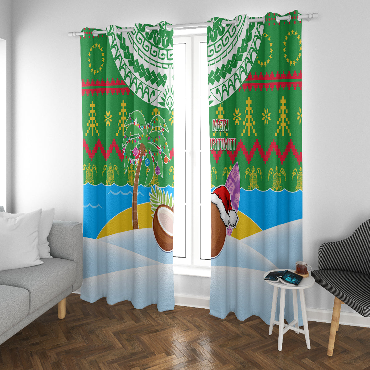 Cook Islands Christmas Window Curtain Coconut Santa Beach Style LT05 With Grommets Green - Polynesian Pride