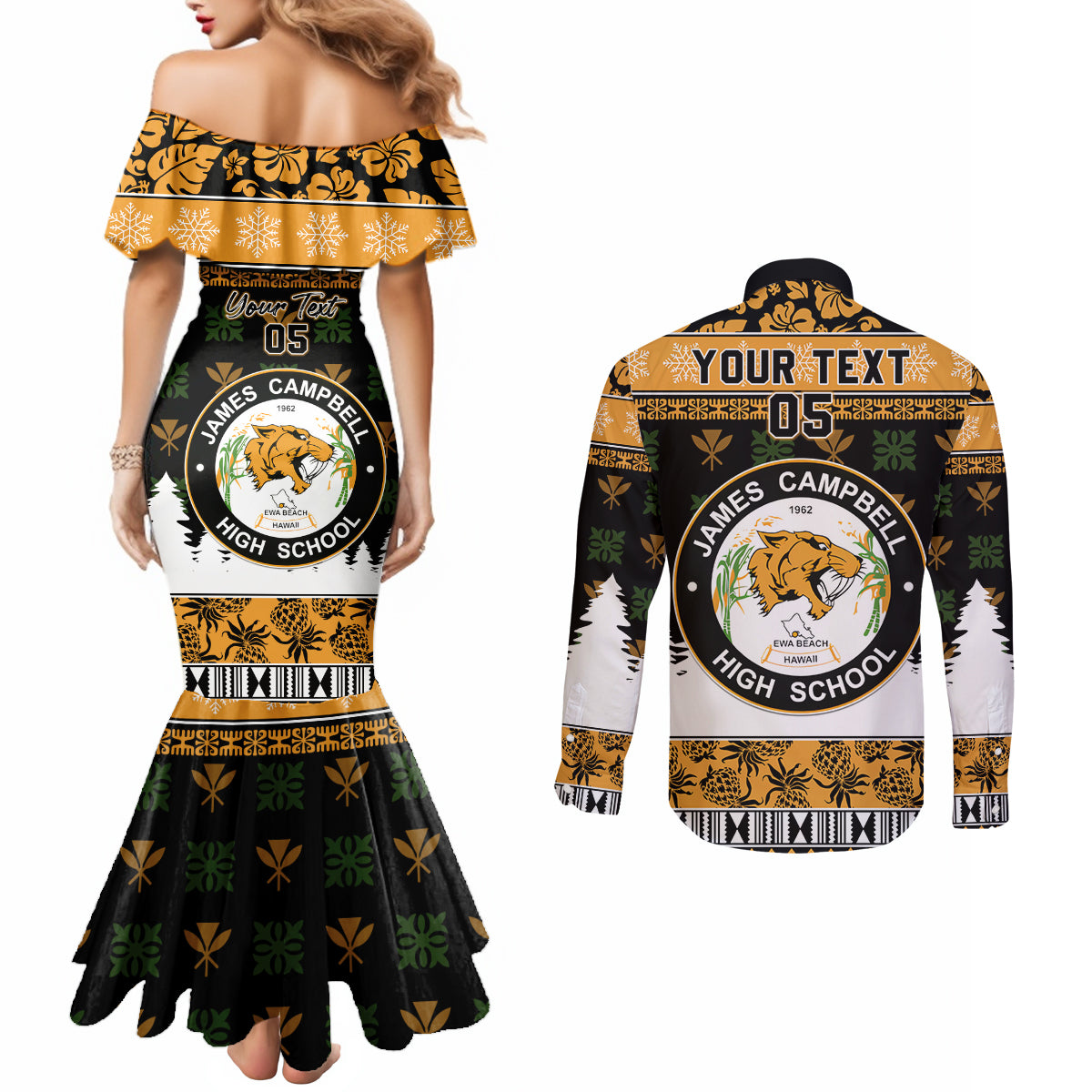 Custom Hawaii James Campbell High School Christmas Couples Matching Mermaid Dress and Long Sleeve Button Shirt Tropical Santa Claus LT05 - Polynesian Pride
