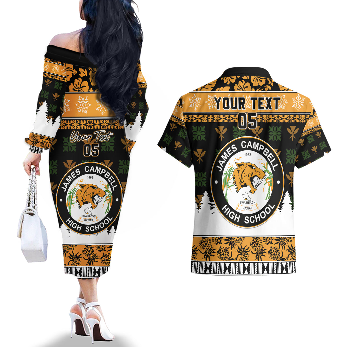 Custom Hawaii James Campbell High School Christmas Couples Matching Off The Shoulder Long Sleeve Dress and Hawaiian Shirt Tropical Santa Claus LT05 - Polynesian Pride