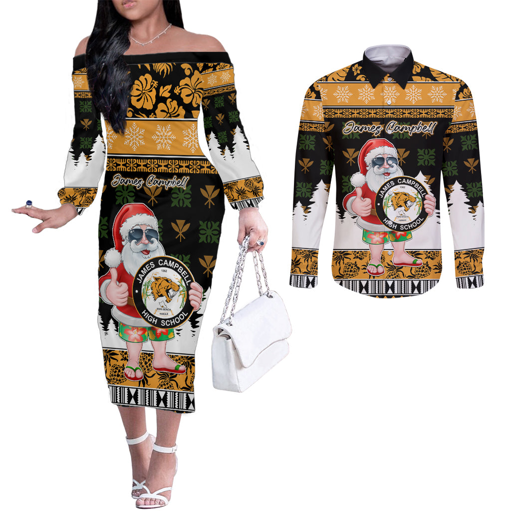 Custom Hawaii James Campbell High School Christmas Couples Matching Off The Shoulder Long Sleeve Dress and Long Sleeve Button Shirt Tropical Santa Claus LT05 Black - Polynesian Pride