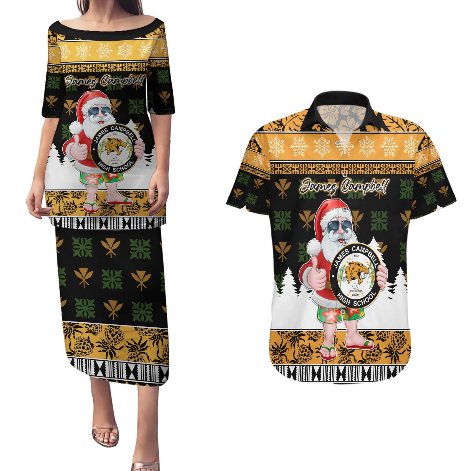 Custom Hawaii James Campbell High School Christmas Couples Matching Puletasi Dress and Hawaiian Shirt Tropical Santa Claus LT05 Black - Polynesian Pride