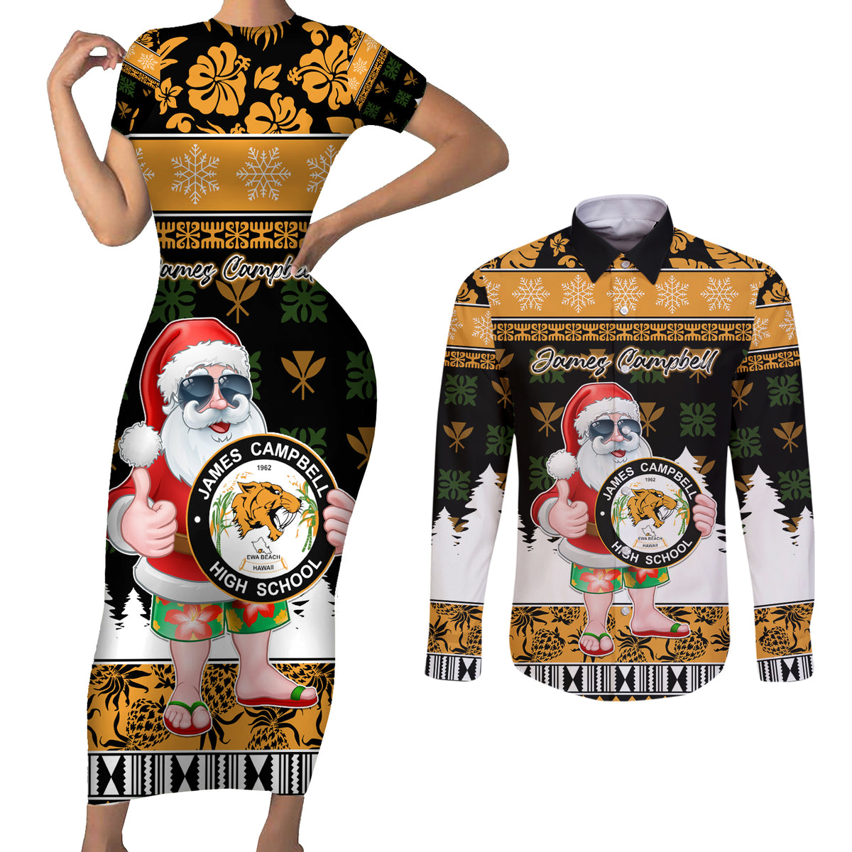 Custom Hawaii James Campbell High School Christmas Couples Matching Short Sleeve Bodycon Dress and Long Sleeve Button Shirt Tropical Santa Claus LT05 Black - Polynesian Pride