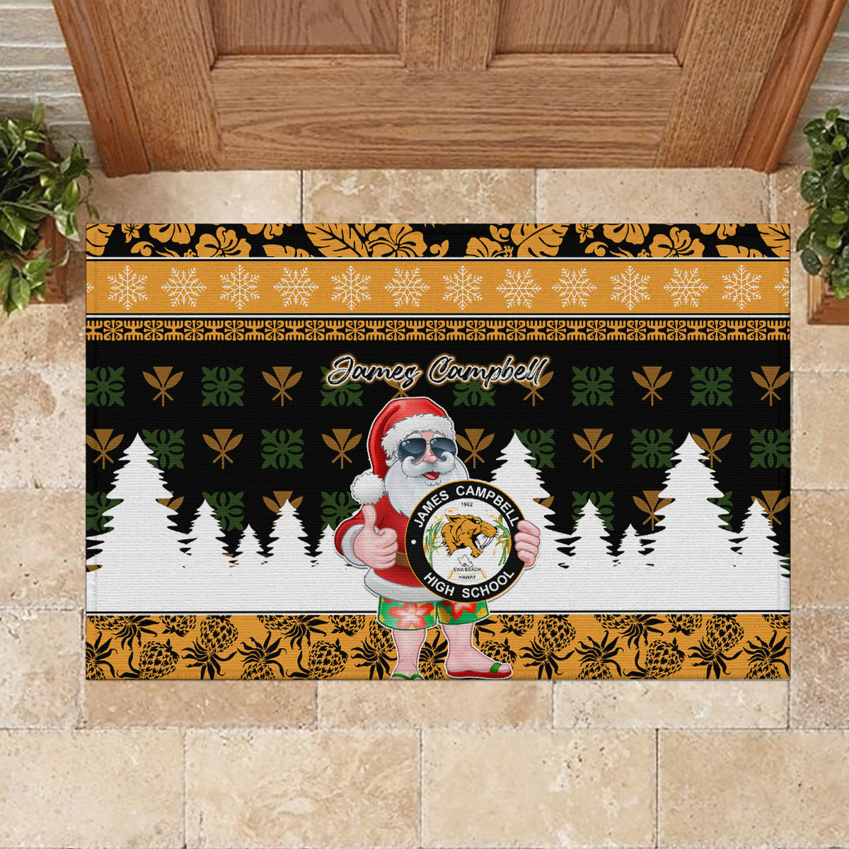 Custom Hawaii James Campbell High School Christmas Rubber Doormat Tropical Santa Claus LT05 - Polynesian Pride