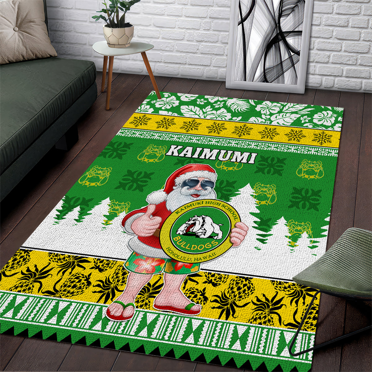 Custom Hawaii Kaimuki High School Christmas Area Rug Tropical Santa Claus LT05 Green - Polynesian Pride