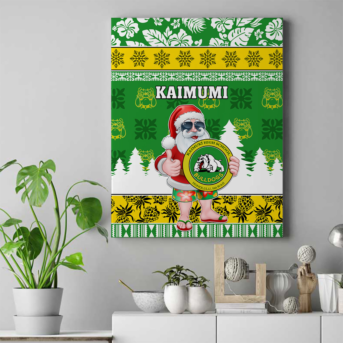Custom Hawaii Kaimuki High School Christmas Canvas Wall Art Tropical Santa Claus LT05 Green - Polynesian Pride