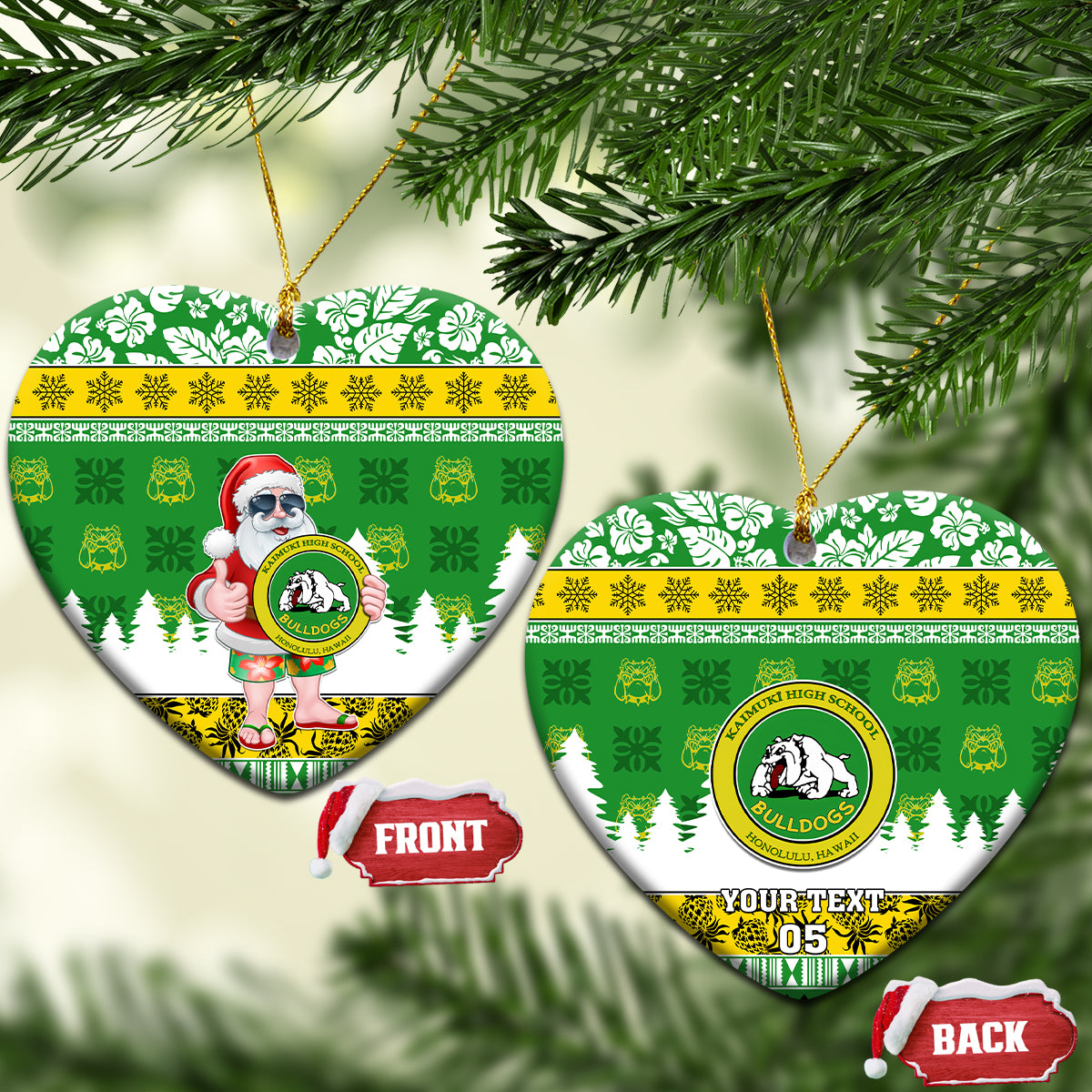Custom Hawaii Kaimuki High School Christmas Ceramic Ornament Tropical Santa Claus LT05 Heart Green - Polynesian Pride