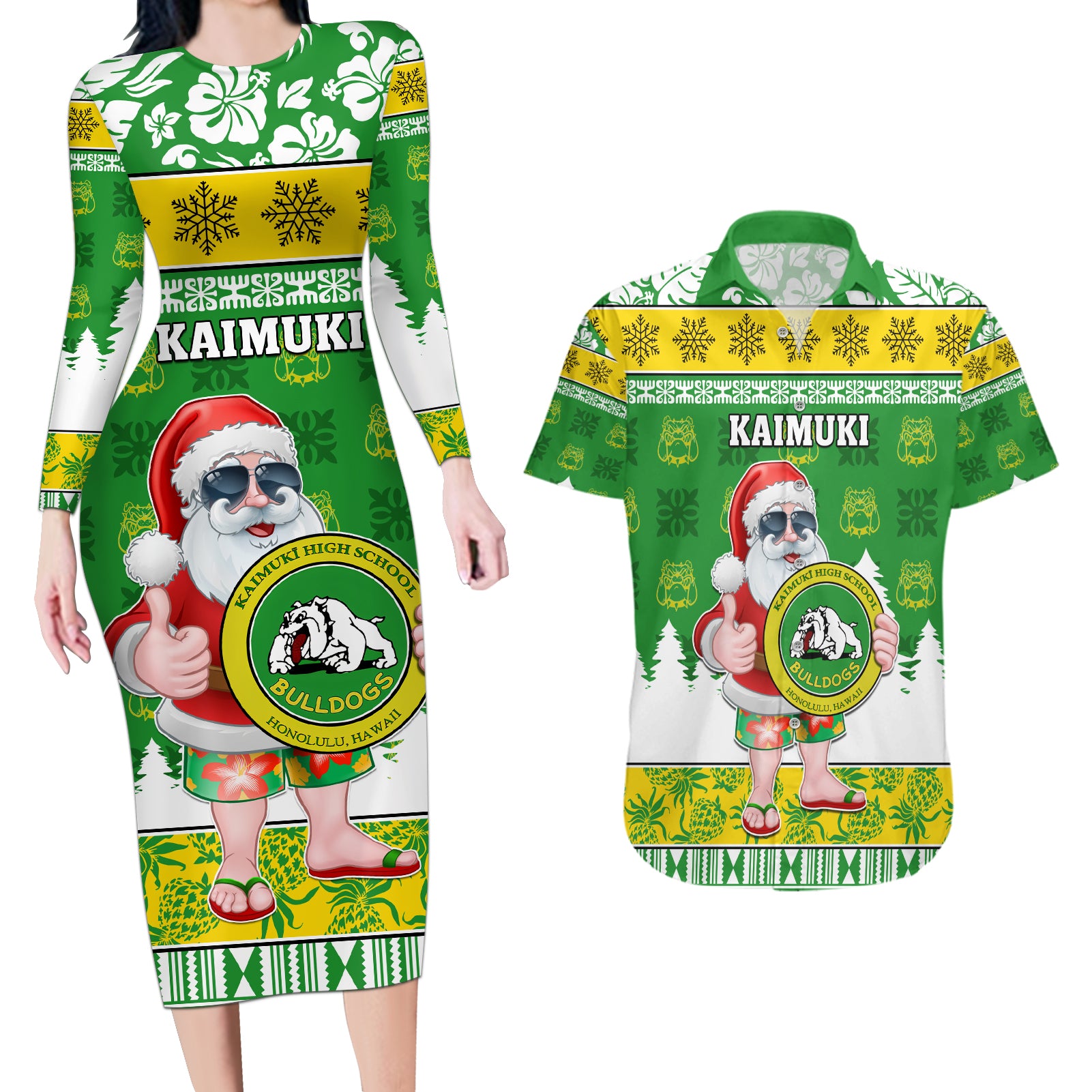 Custom Hawaii Kaimuki High School Christmas Couples Matching Long Sleeve Bodycon Dress and Hawaiian Shirt Tropical Santa Claus LT05 Green - Polynesian Pride
