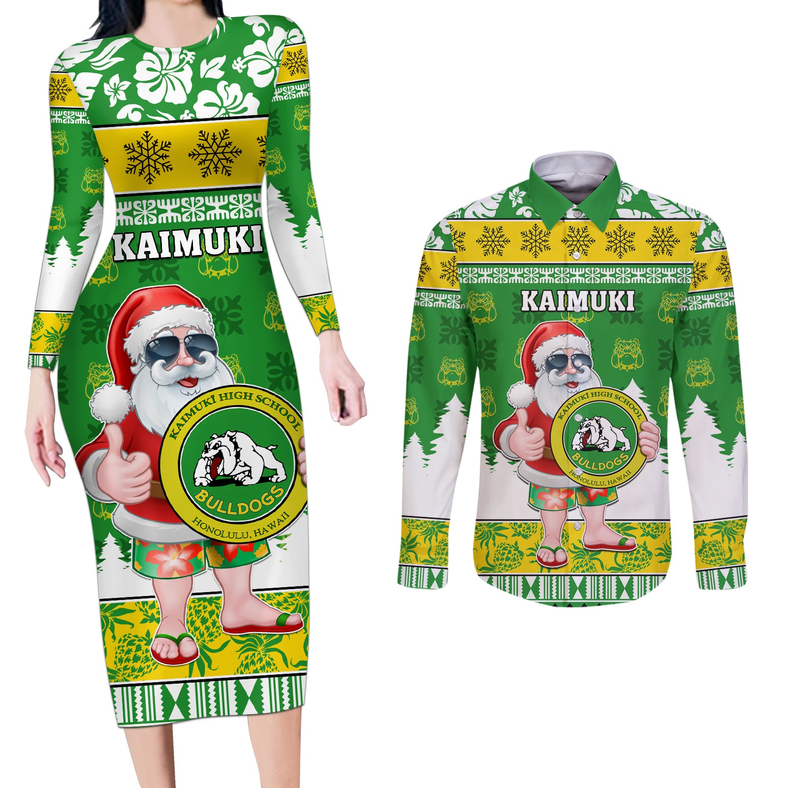 Custom Hawaii Kaimuki High School Christmas Couples Matching Long Sleeve Bodycon Dress and Long Sleeve Button Shirt Tropical Santa Claus LT05 Green - Polynesian Pride