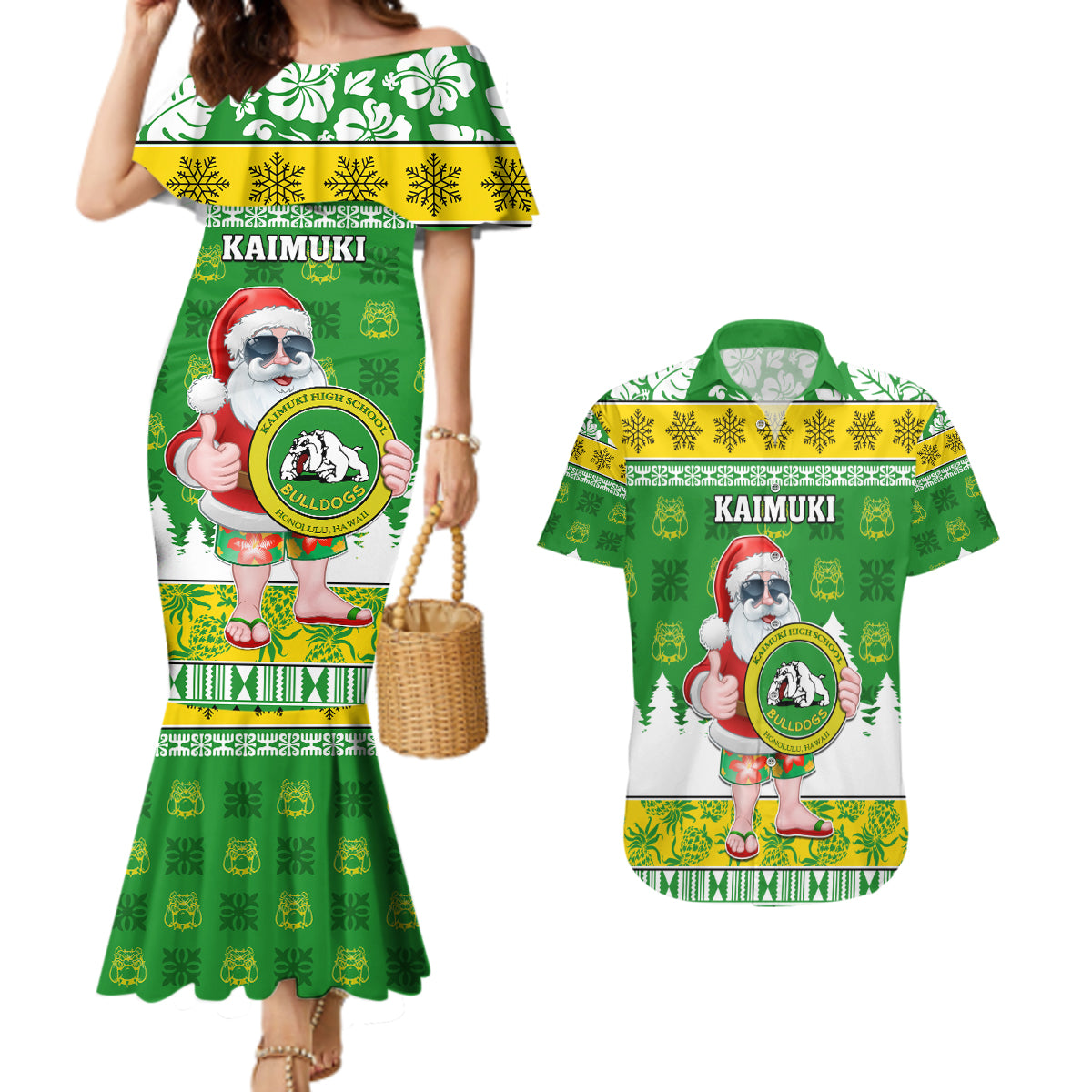 Custom Hawaii Kaimuki High School Christmas Couples Matching Mermaid Dress and Hawaiian Shirt Tropical Santa Claus LT05 Green - Polynesian Pride