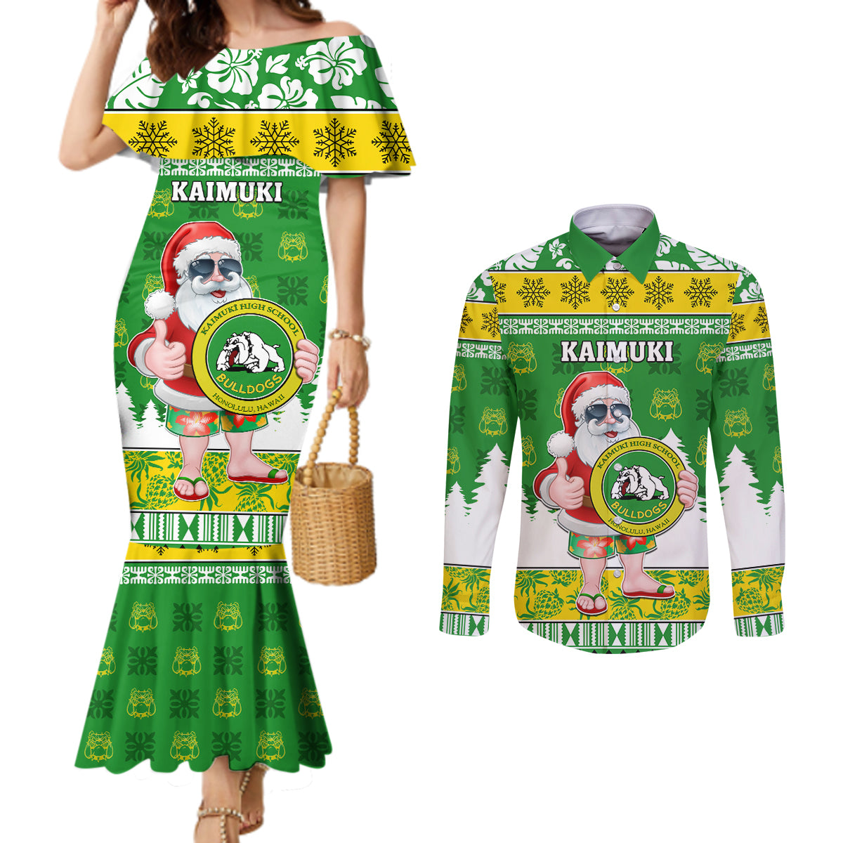 Custom Hawaii Kaimuki High School Christmas Couples Matching Mermaid Dress and Long Sleeve Button Shirt Tropical Santa Claus LT05 Green - Polynesian Pride