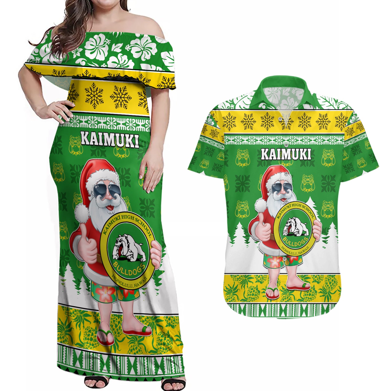 Custom Hawaii Kaimuki High School Christmas Couples Matching Off Shoulder Maxi Dress and Hawaiian Shirt Tropical Santa Claus LT05 Green - Polynesian Pride