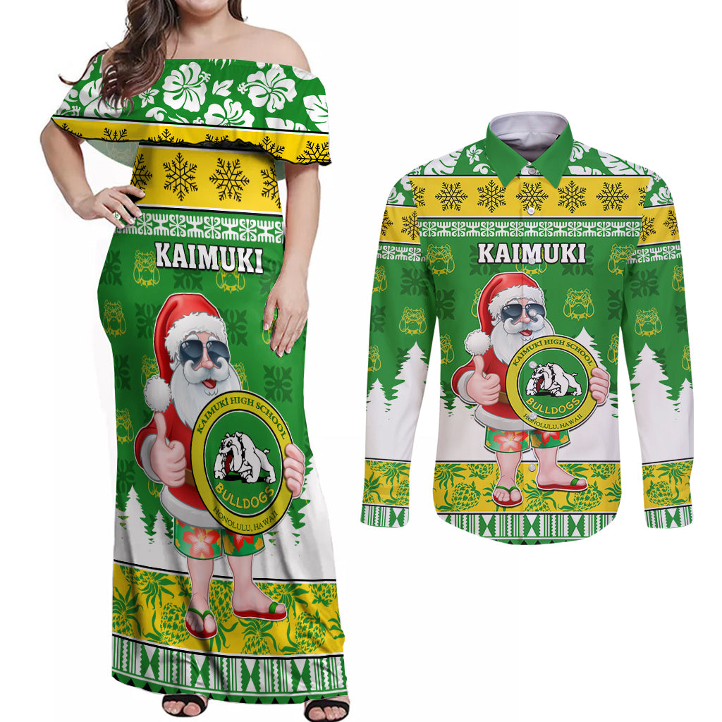 Custom Hawaii Kaimuki High School Christmas Couples Matching Off Shoulder Maxi Dress and Long Sleeve Button Shirt Tropical Santa Claus LT05 Green - Polynesian Pride