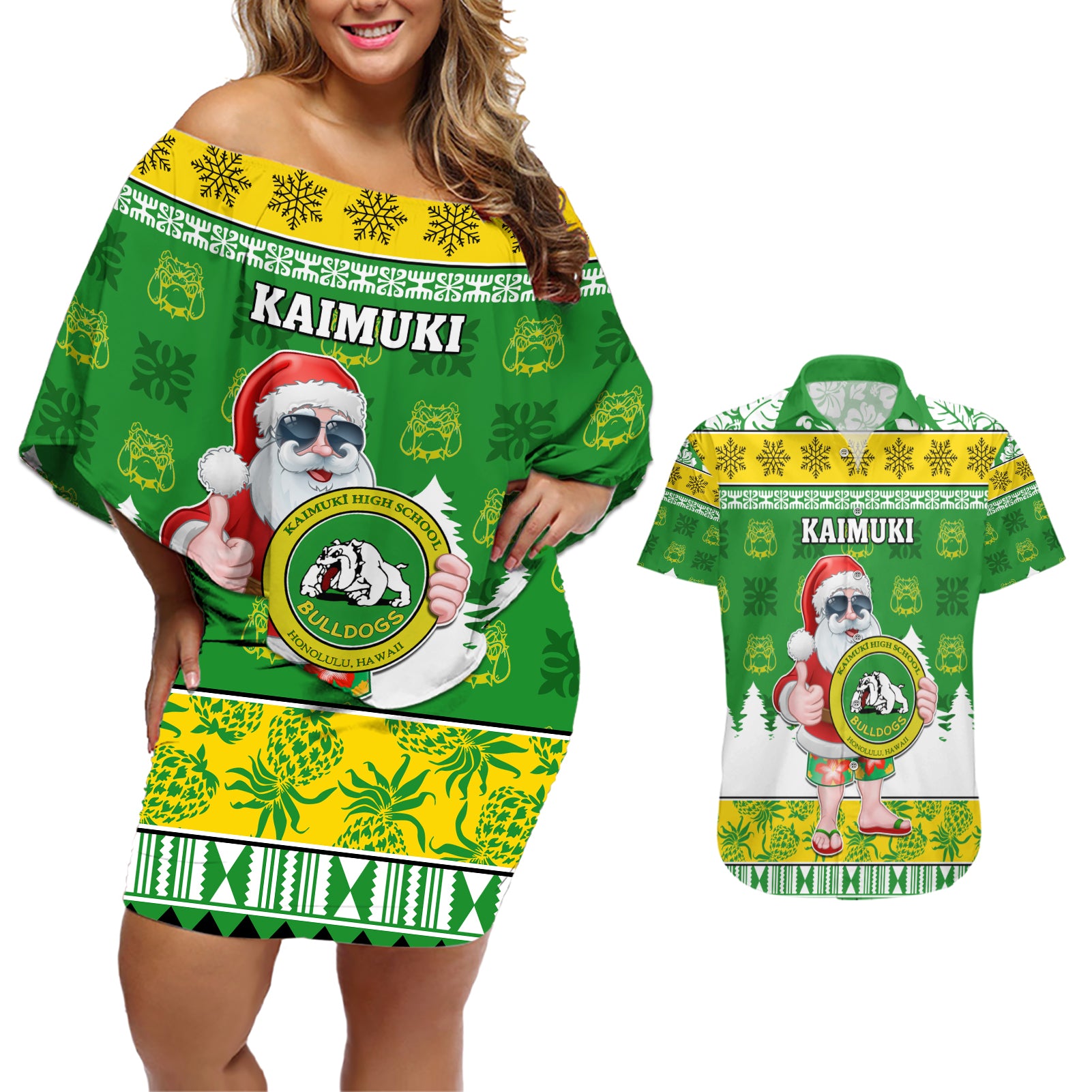 Custom Hawaii Kaimuki High School Christmas Couples Matching Off Shoulder Short Dress and Hawaiian Shirt Tropical Santa Claus LT05 Green - Polynesian Pride