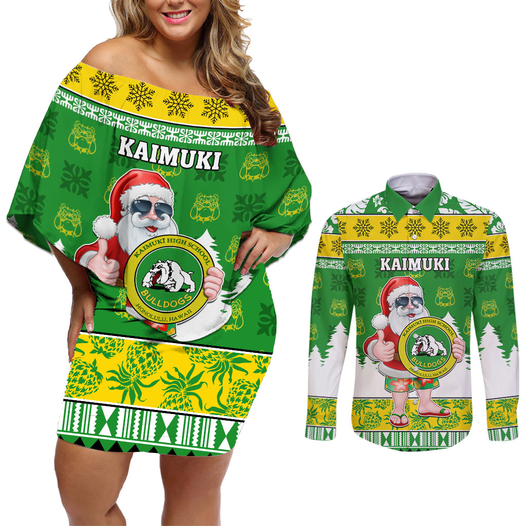 Custom Hawaii Kaimuki High School Christmas Couples Matching Off Shoulder Short Dress and Long Sleeve Button Shirt Tropical Santa Claus LT05 Green - Polynesian Pride