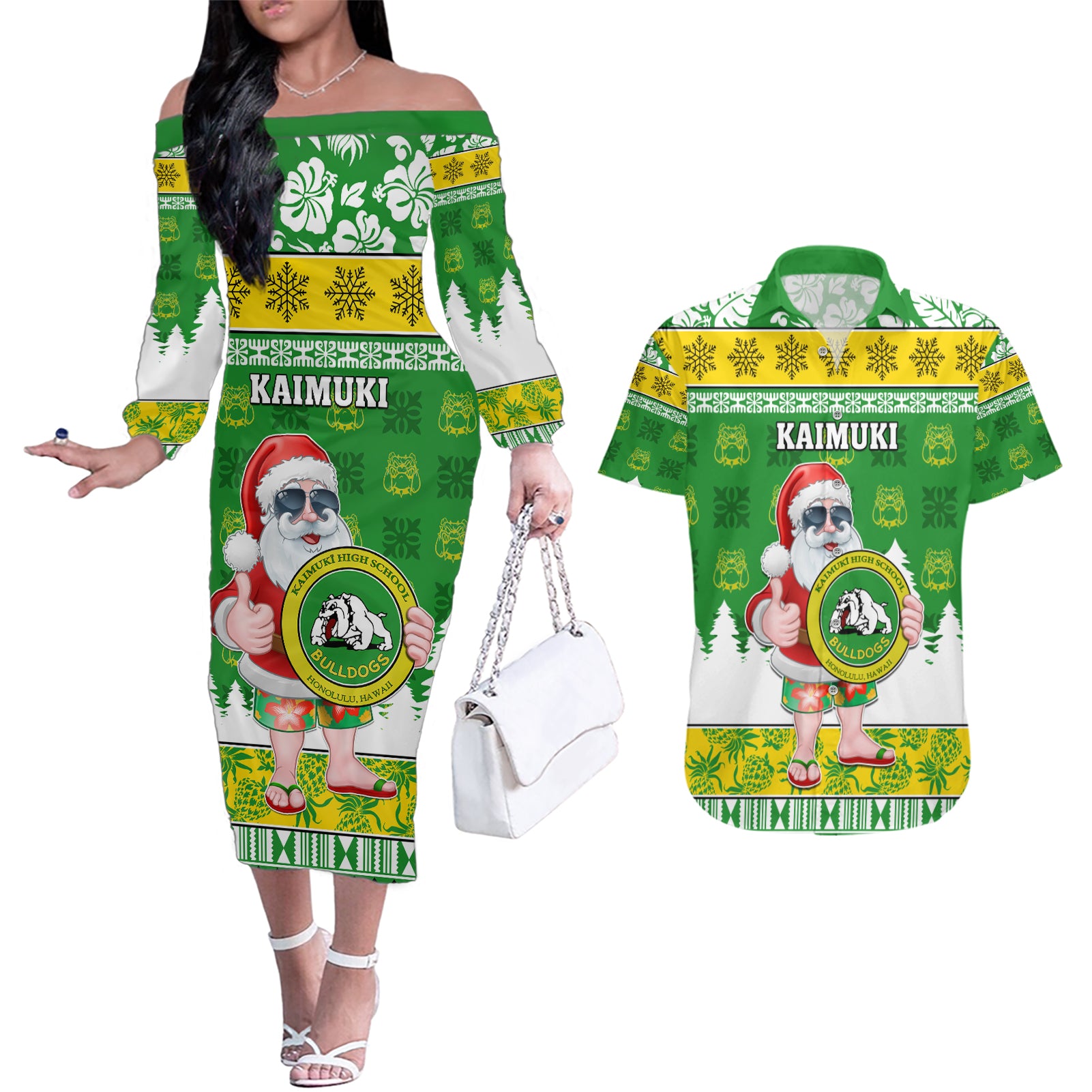 Custom Hawaii Kaimuki High School Christmas Couples Matching Off The Shoulder Long Sleeve Dress and Hawaiian Shirt Tropical Santa Claus LT05 Green - Polynesian Pride