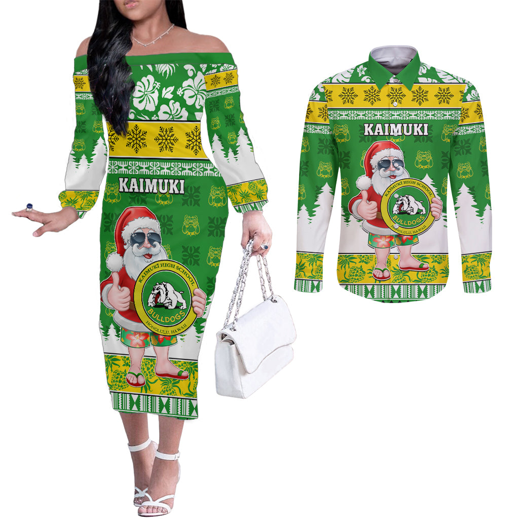 Custom Hawaii Kaimuki High School Christmas Couples Matching Off The Shoulder Long Sleeve Dress and Long Sleeve Button Shirt Tropical Santa Claus LT05 Green - Polynesian Pride