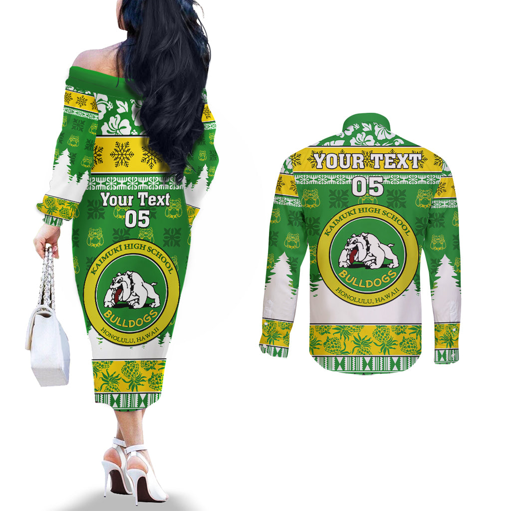 Custom Hawaii Kaimuki High School Christmas Couples Matching Off The Shoulder Long Sleeve Dress and Long Sleeve Button Shirt Tropical Santa Claus LT05 - Polynesian Pride