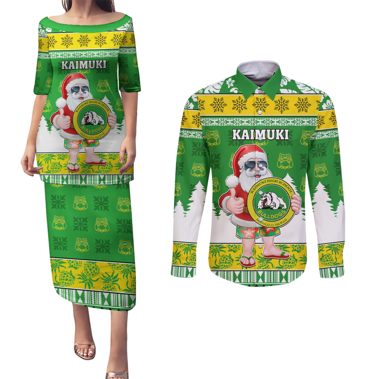 Custom Hawaii Kaimuki High School Christmas Couples Matching Puletasi Dress and Long Sleeve Button Shirt Tropical Santa Claus LT05 Green - Polynesian Pride