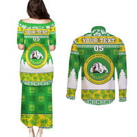 Custom Hawaii Kaimuki High School Christmas Couples Matching Puletasi Dress and Long Sleeve Button Shirt Tropical Santa Claus LT05 - Polynesian Pride
