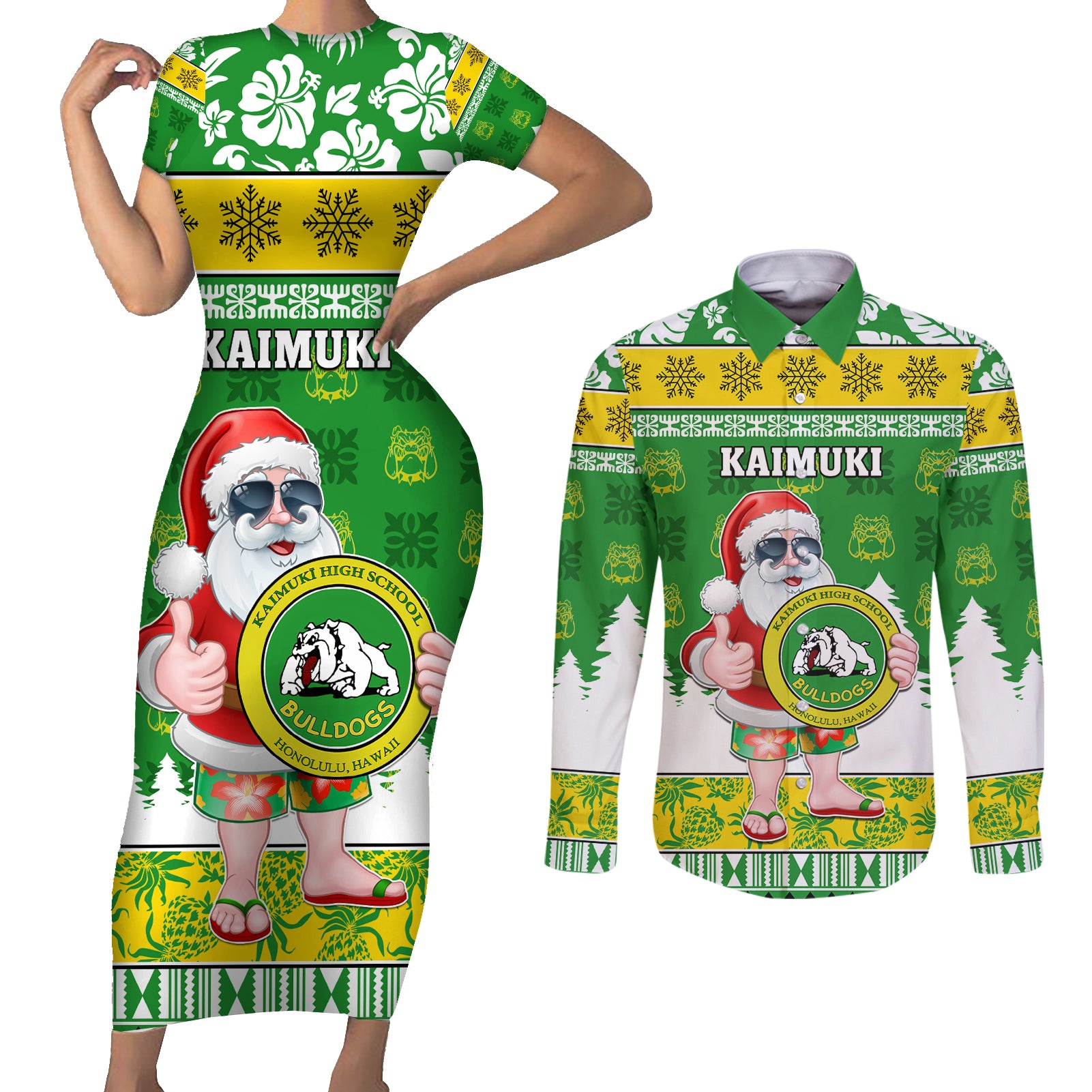 Custom Hawaii Kaimuki High School Christmas Couples Matching Short Sleeve Bodycon Dress and Long Sleeve Button Shirt Tropical Santa Claus LT05 Green - Polynesian Pride