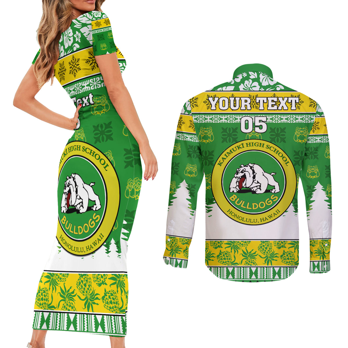 Custom Hawaii Kaimuki High School Christmas Couples Matching Short Sleeve Bodycon Dress and Long Sleeve Button Shirt Tropical Santa Claus LT05 - Polynesian Pride