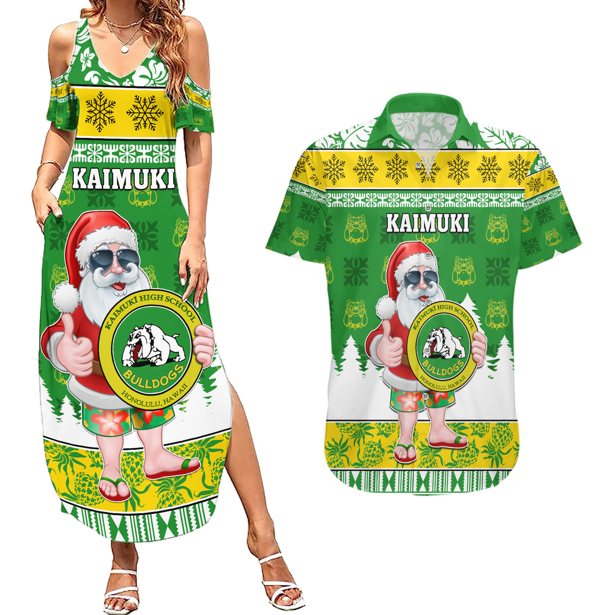 Custom Hawaii Kaimuki High School Christmas Couples Matching Summer Maxi Dress and Hawaiian Shirt Tropical Santa Claus LT05 Green - Polynesian Pride