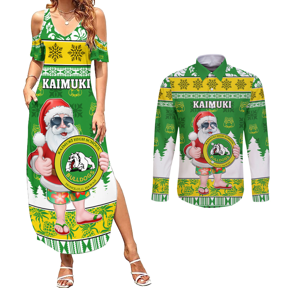 Custom Hawaii Kaimuki High School Christmas Couples Matching Summer Maxi Dress and Long Sleeve Button Shirt Tropical Santa Claus LT05 Green - Polynesian Pride