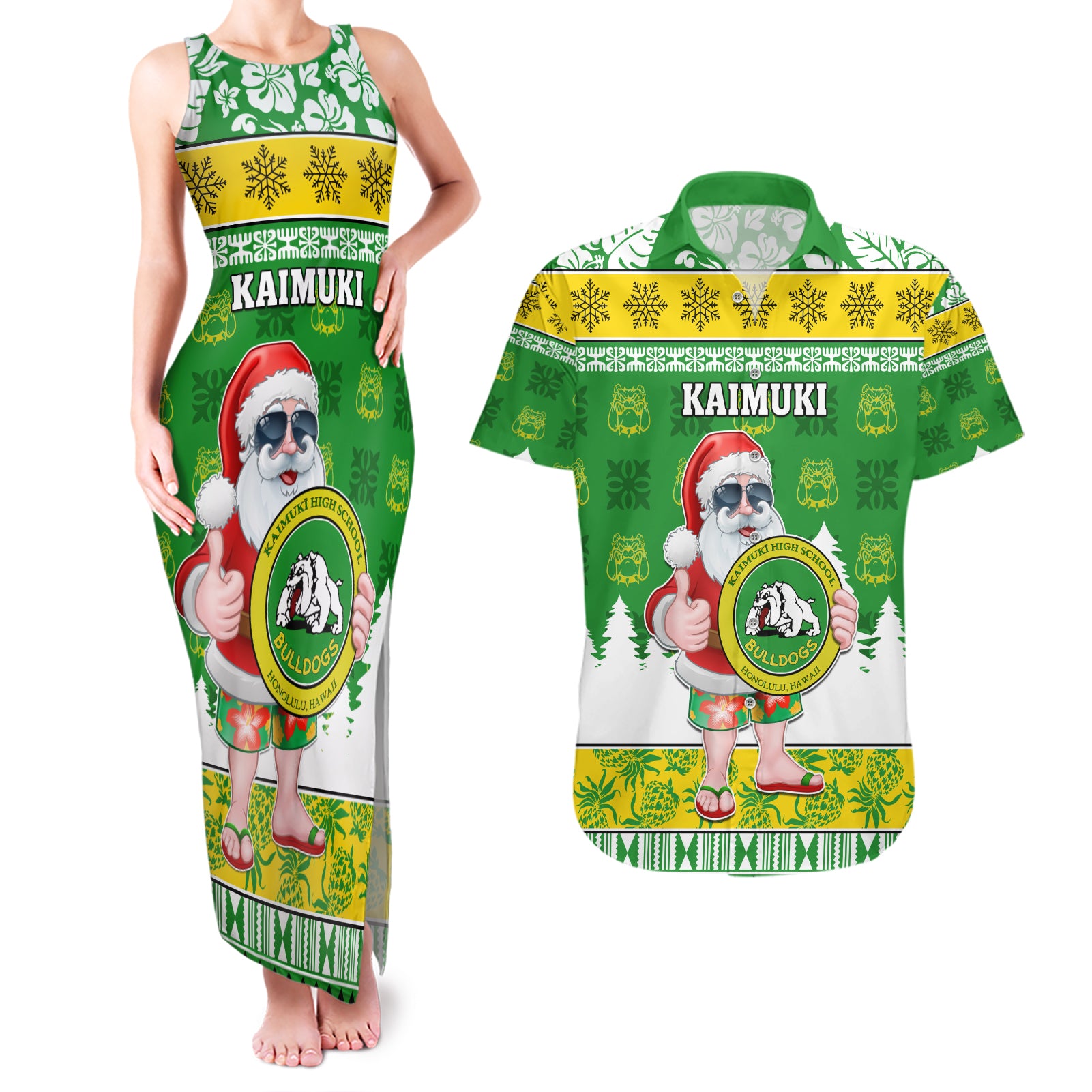 Custom Hawaii Kaimuki High School Christmas Couples Matching Tank Maxi Dress and Hawaiian Shirt Tropical Santa Claus LT05 Green - Polynesian Pride