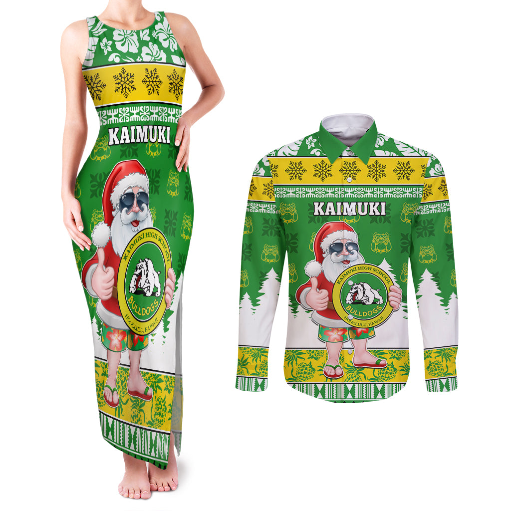 Custom Hawaii Kaimuki High School Christmas Couples Matching Tank Maxi Dress and Long Sleeve Button Shirt Tropical Santa Claus LT05 Green - Polynesian Pride