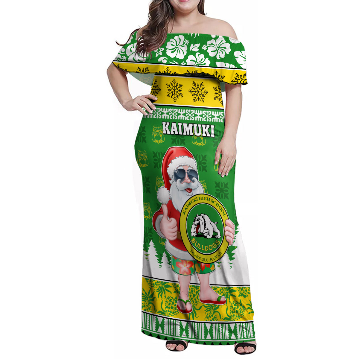 Custom Hawaii Kaimuki High School Christmas Family Matching Off Shoulder Maxi Dress and Hawaiian Shirt Tropical Santa Claus LT05 Mom's Dress Green - Polynesian Pride