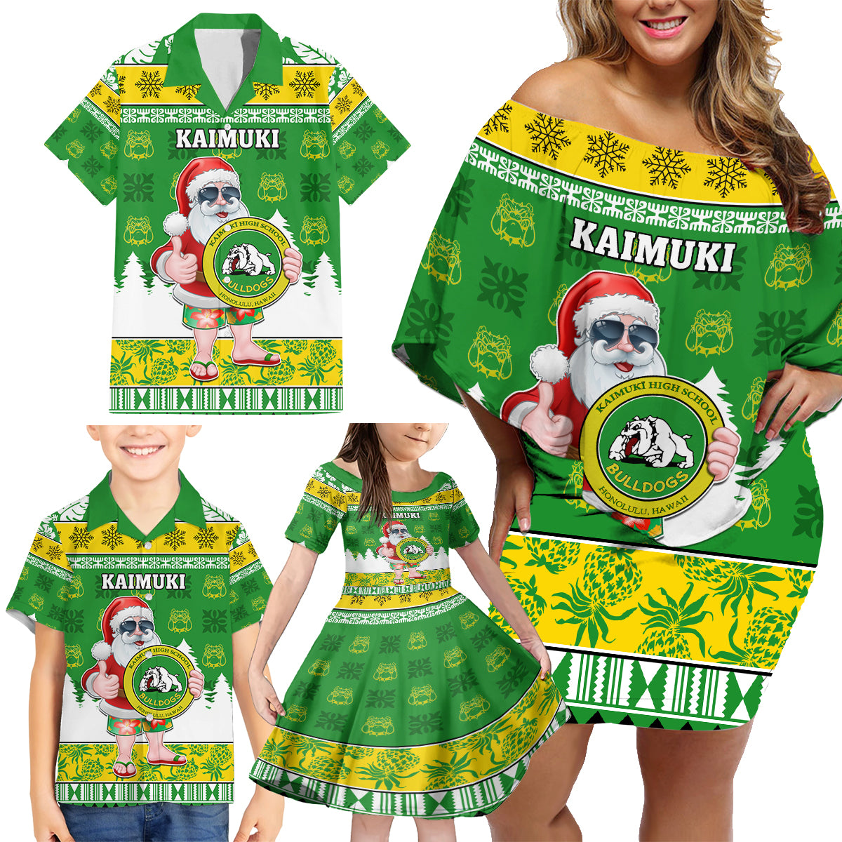 Custom Hawaii Kaimuki High School Christmas Family Matching Off Shoulder Short Dress and Hawaiian Shirt Tropical Santa Claus LT05 - Polynesian Pride