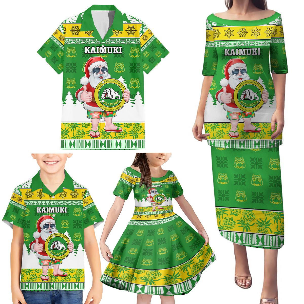 Custom Hawaii Kaimuki High School Christmas Family Matching Puletasi Dress and Hawaiian Shirt Tropical Santa Claus LT05 - Polynesian Pride