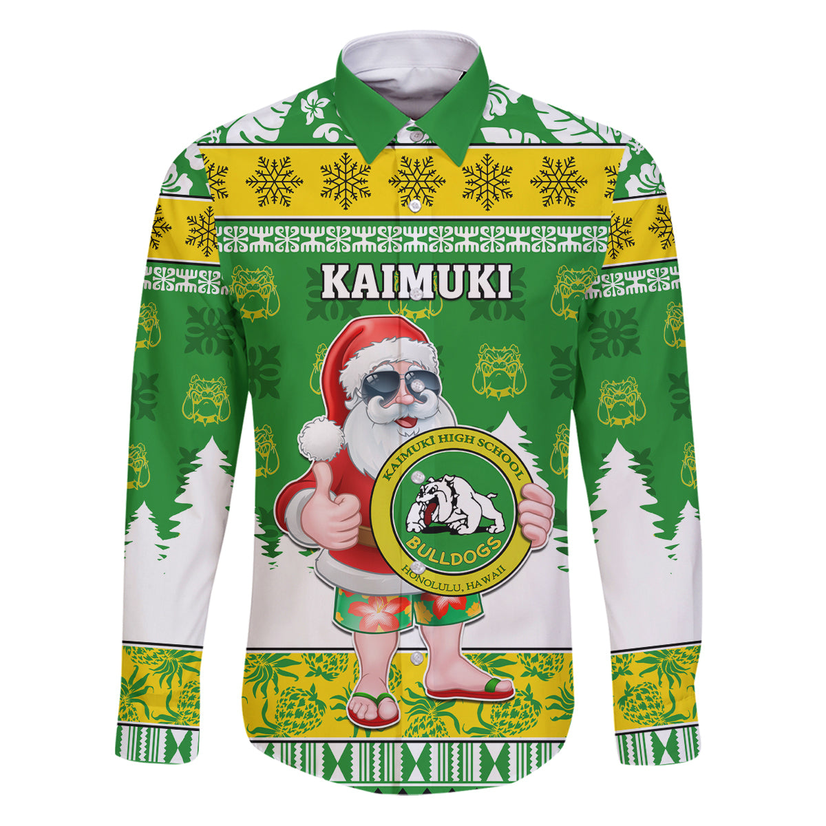 Custom Hawaii Kaimuki High School Christmas Family Matching Puletasi Dress and Hawaiian Shirt Tropical Santa Claus LT05 Dad's Shirt - Long Sleeve Green - Polynesian Pride