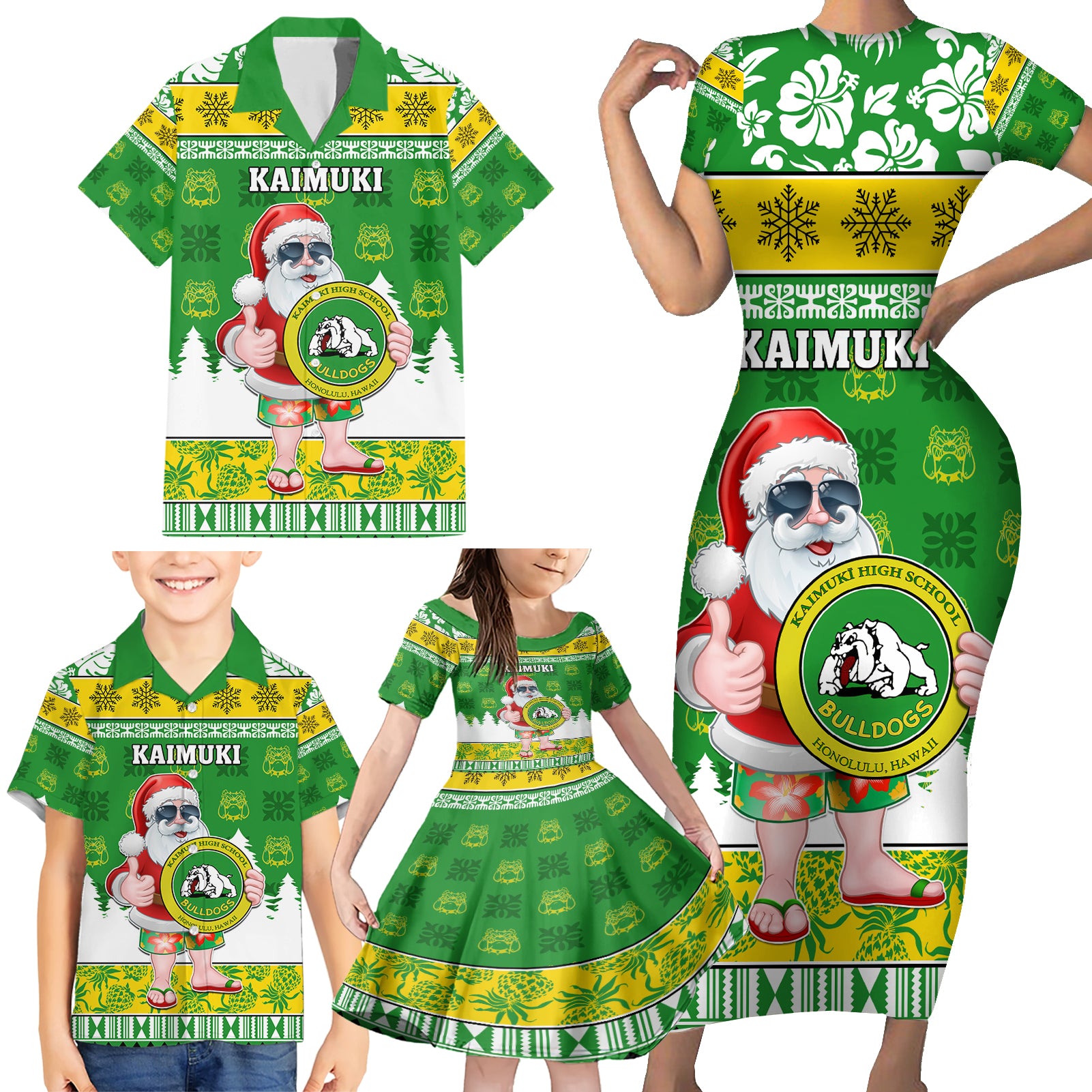 Custom Hawaii Kaimuki High School Christmas Family Matching Short Sleeve Bodycon Dress and Hawaiian Shirt Tropical Santa Claus LT05 - Polynesian Pride
