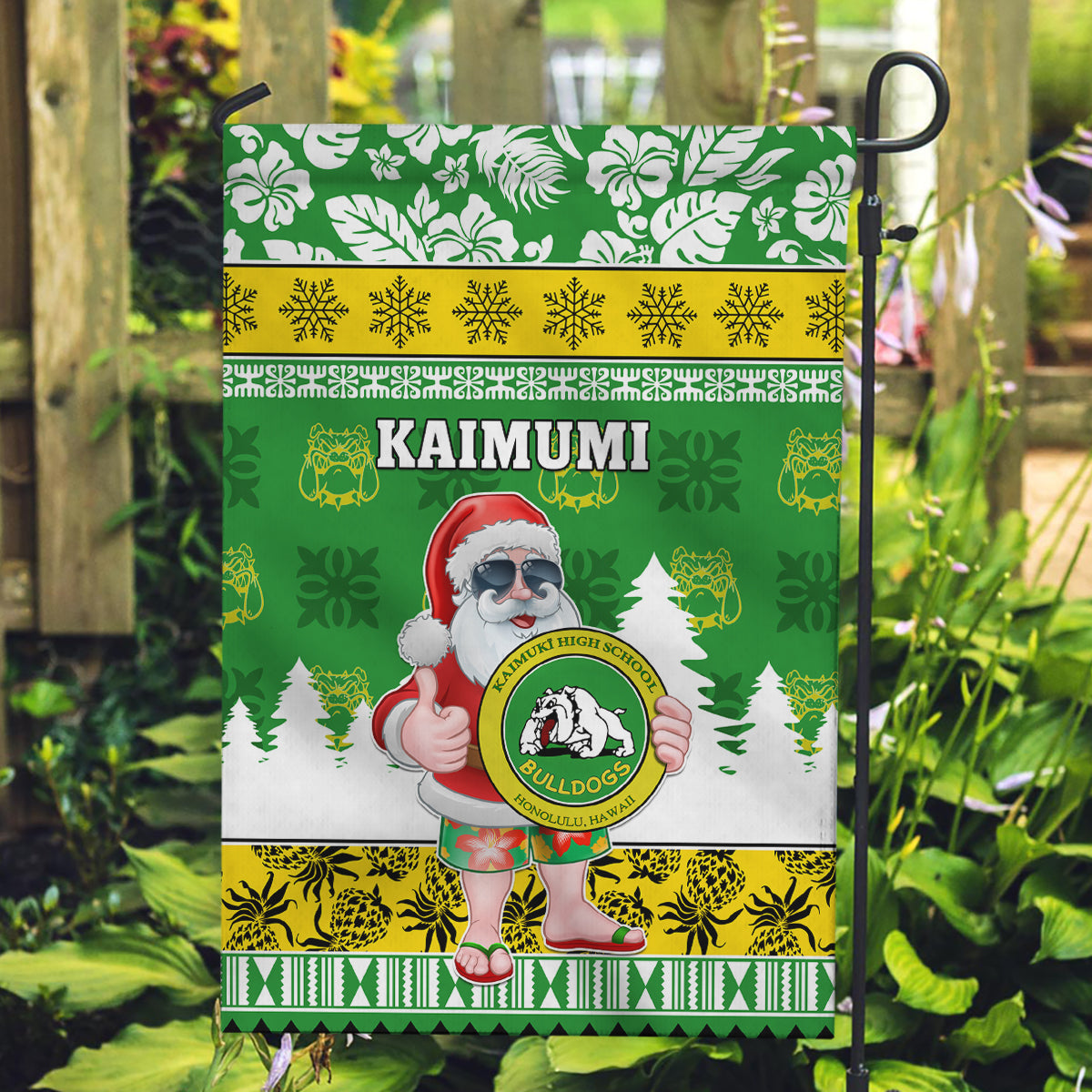 Custom Hawaii Kaimuki High School Christmas Garden Flag Tropical Santa Claus LT05 Garden Flag Green - Polynesian Pride
