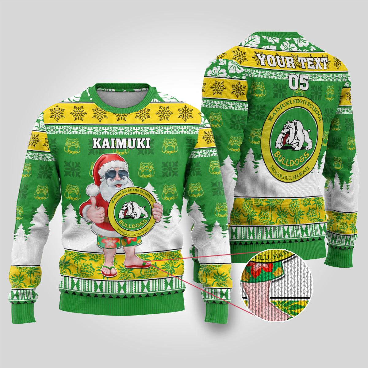 Custom Hawaii Kaimuki High School Christmas Ugly Christmas Sweater Tropical Santa Claus LT05 Green - Polynesian Pride