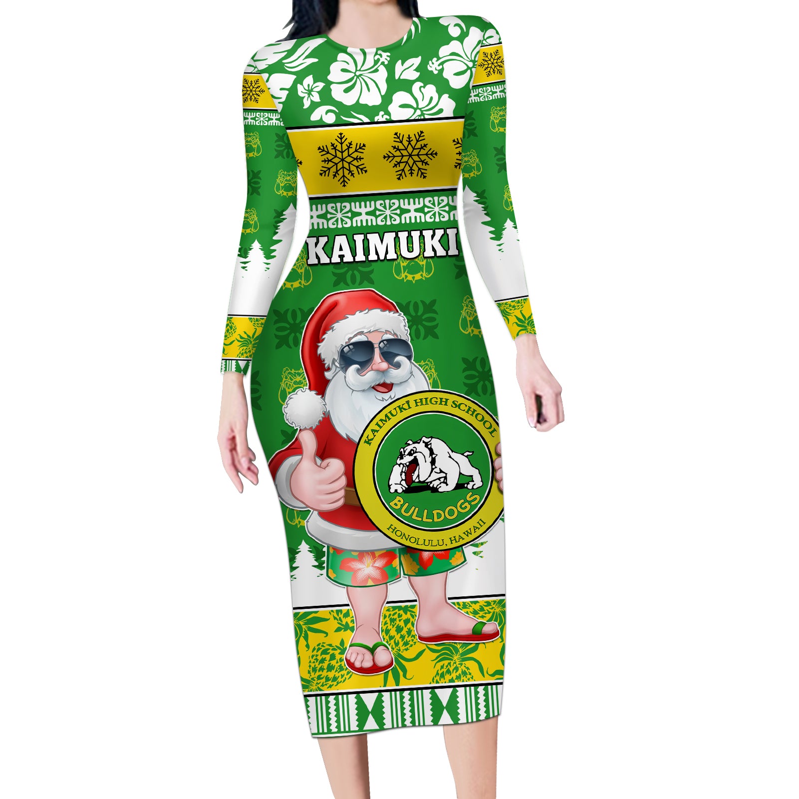 Custom Hawaii Kaimuki High School Christmas Long Sleeve Bodycon Dress Tropical Santa Claus LT05 Long Dress Green - Polynesian Pride