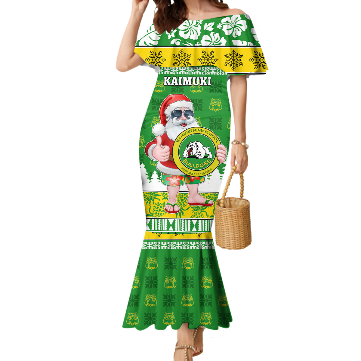 Custom Hawaii Kaimuki High School Christmas Mermaid Dress Tropical Santa Claus LT05 Women Green - Polynesian Pride