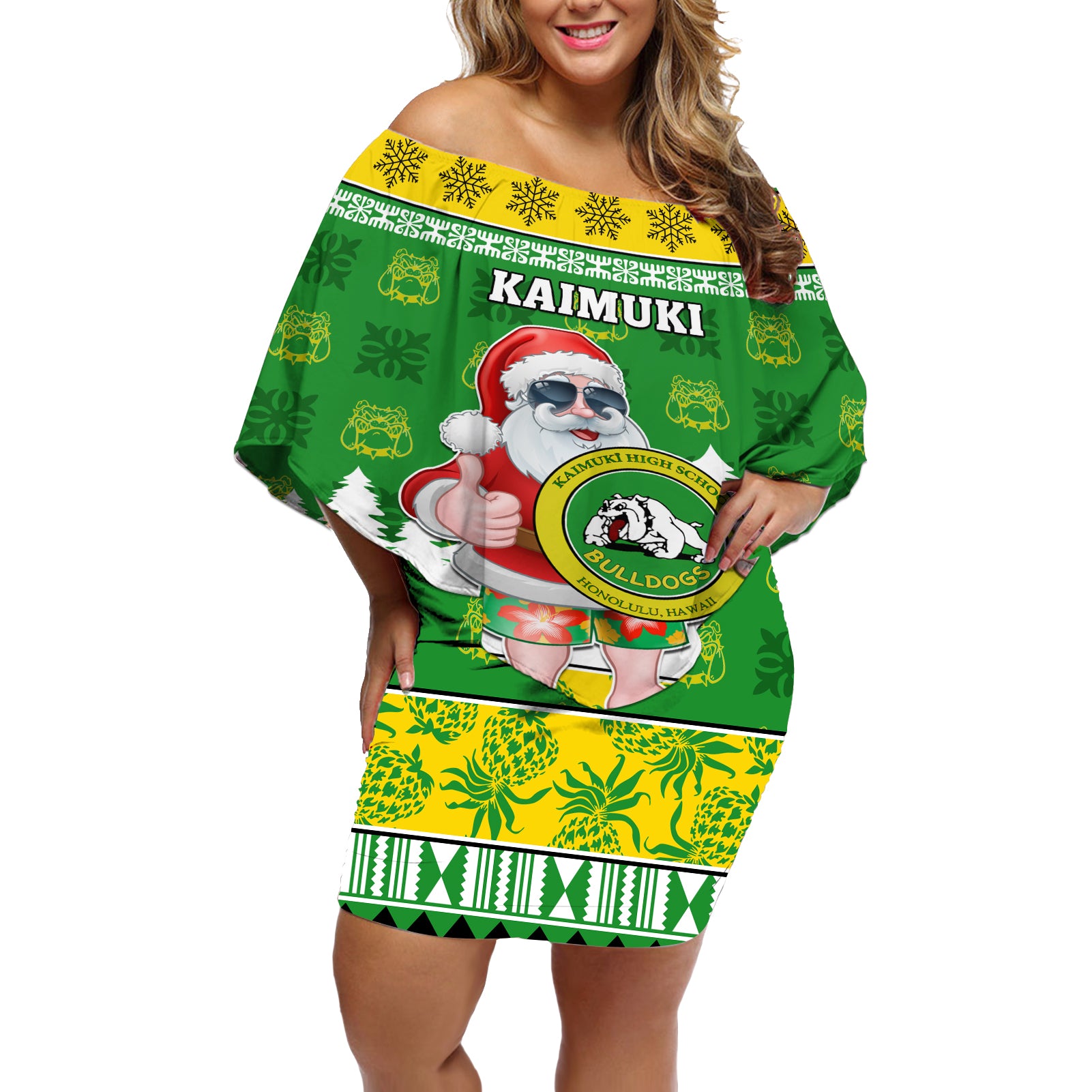 Custom Hawaii Kaimuki High School Christmas Off Shoulder Short Dress Tropical Santa Claus LT05 Women Green - Polynesian Pride