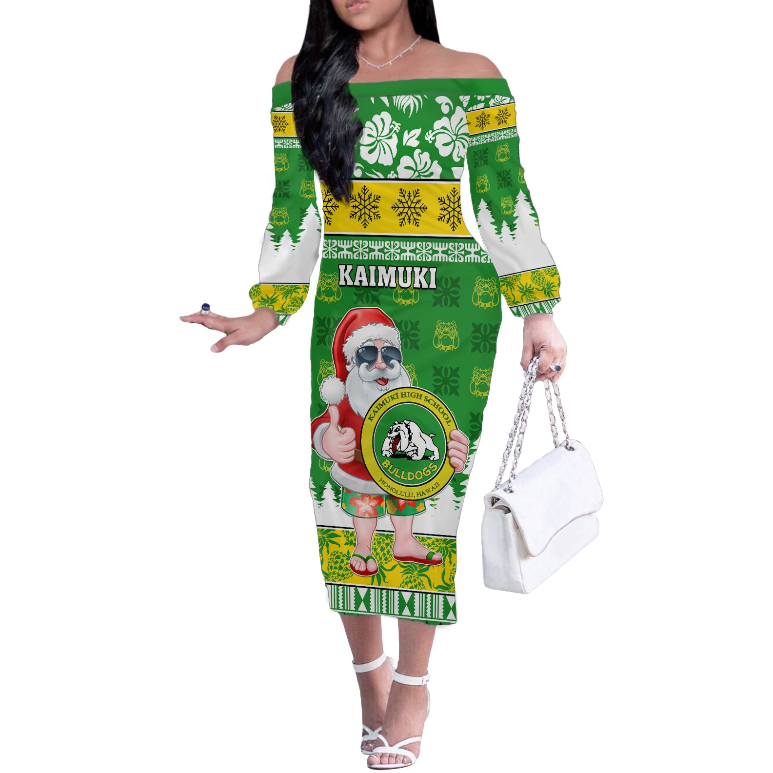 Custom Hawaii Kaimuki High School Christmas Off The Shoulder Long Sleeve Dress Tropical Santa Claus LT05 Women Green - Polynesian Pride