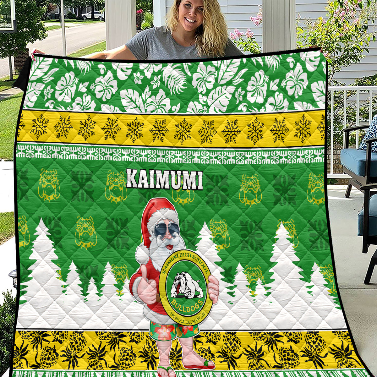 Custom Hawaii Kaimuki High School Christmas Quilt Tropical Santa Claus LT05 Green - Polynesian Pride
