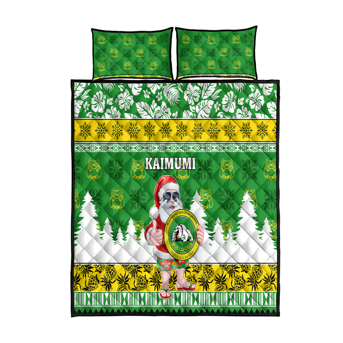 Custom Hawaii Kaimuki High School Christmas Quilt Bed Set Tropical Santa Claus LT05 Green - Polynesian Pride